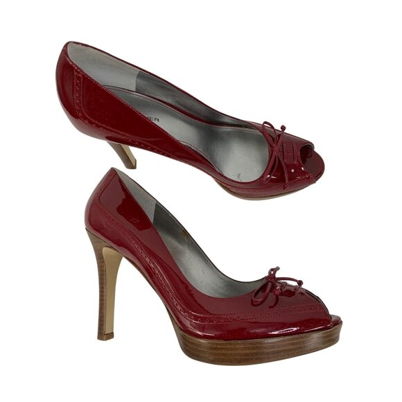 Marc Fisher Red Patent Leather Peep Toe Platform Heels 4" Heel Size 10M Shoes - Picture 1 of 10